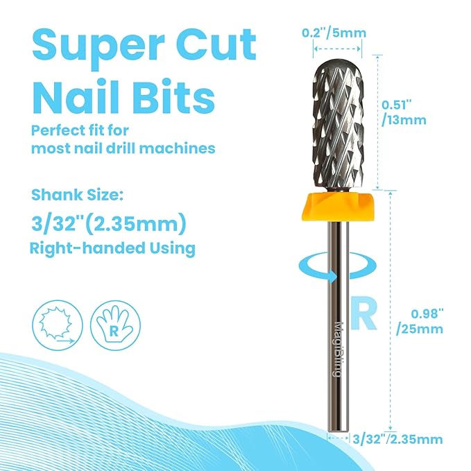 Super Cut Small Barrel 3/32'' Safety Tungsten Nail Drill Bits, Remove Gel Fast, Right handed, Suitable for Manicure Pedicure Cuticle Gel Polishing, Classic Round Top Bits, Double Coarse.