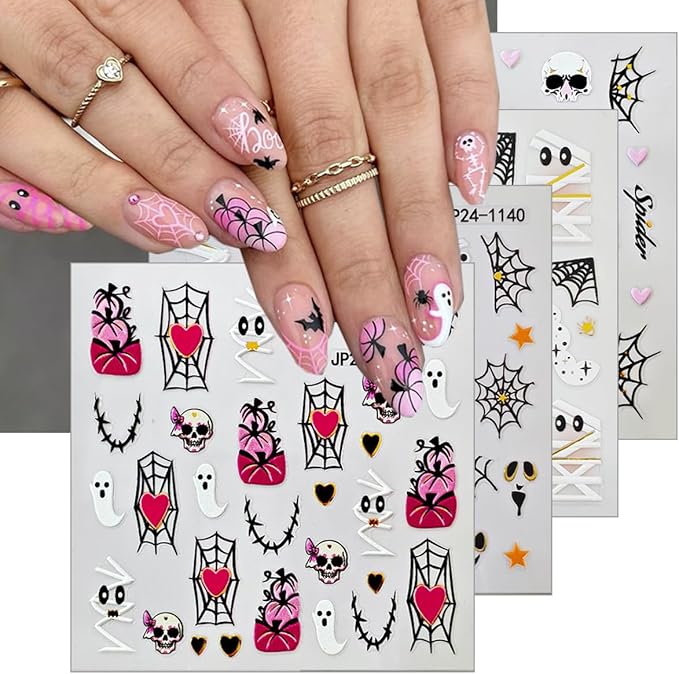 4 Sheets Halloween Nail Stickers 5D Embossed Self-Adhesive Mummy Nail Decals Cute Ghost Pumpkin Spider Web Skull Nails Design Stickers Halloween Nails Art Supplies for Women Holiday DIY Manicure Decor
