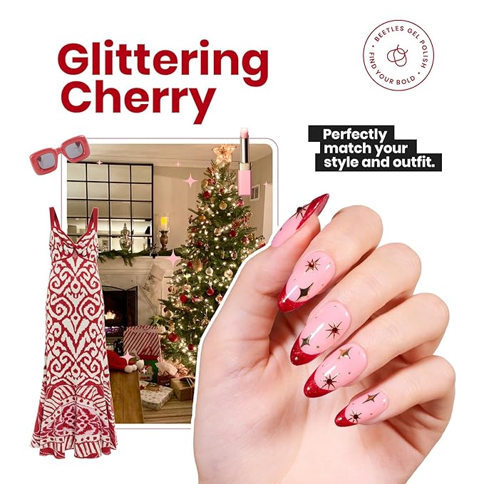Beetles Red Glitter Nail Polish - 15ml Ruby Radiance Red, Air-Dry Shimmer for Christmas DIY Manicure