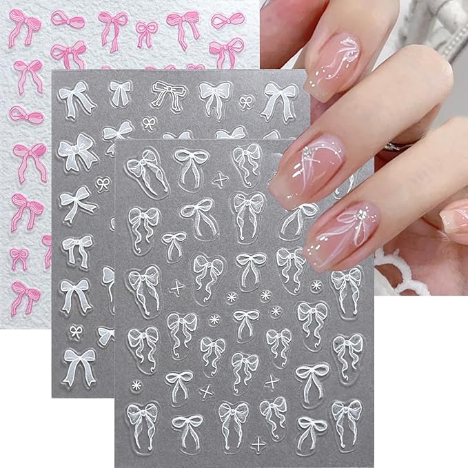 5D Embossed Bow Nails Stickers for Nail Art Self-Adhesive Bow Nail Art Stickers White Silver Pink Bow Ribbon Design Cute Nails Decals for Women Girls Acrylic Manicure Decorations DIY Supplies 3Sheets