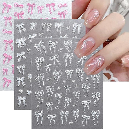 5D Embossed Bow Nails Stickers for Nail Art Self-Adhesive Bow Nail Art Stickers White Silver Pink Bow Ribbon Design Cute Nails Decals for Women Girls Acrylic Manicure Decorations DIY Supplies 3Sheets