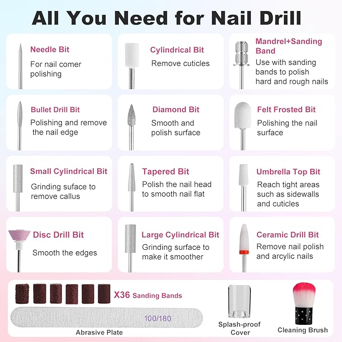 SUPERNIGHT Cordless Electric Nail Drill with UV Light Lamp, 14 in 1 Electric Nail File Drill, 5 Speed LCD Display Rechargeable Professional Manicure Pedicure Kit(Gold)