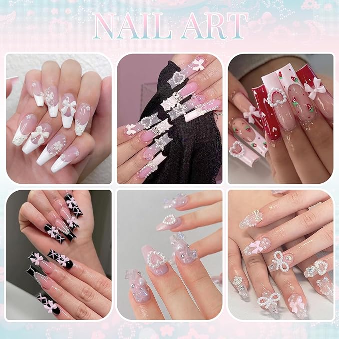 3D Nail Charms for Coquette Nails Design with Rhinestone Glue Set 4, Pink Nail Bow Charms + Pearl Heart Star Moon Bowknot Nail Jewels + 3D Flowers and Pearls, with Picker Tools for Nail Decor