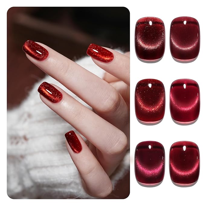 GAOY Jelly Red Glitter Cat Eye Gel Nail Polish Set with Magnet 6 Types of Holographic Cat Eye, Salon Gel Manicure and Nail Art DIY at Home