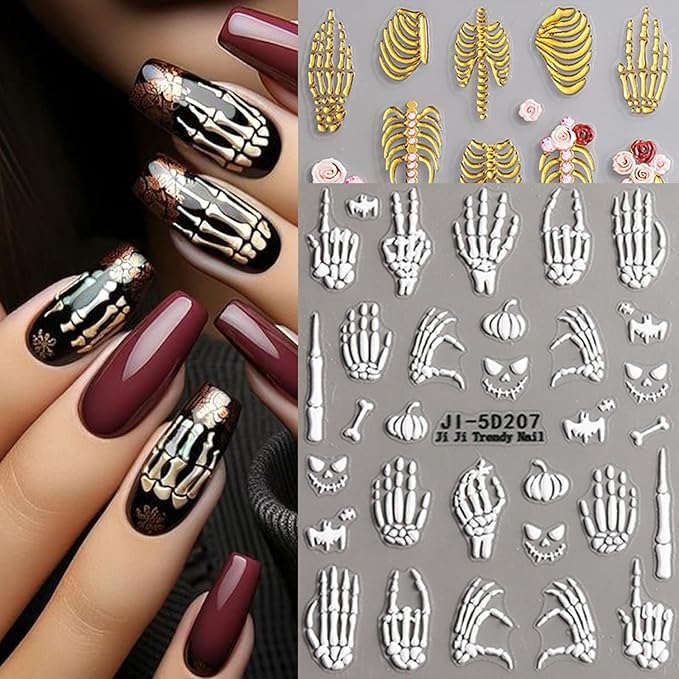 3Sheets Halloween Nail Art Stickers 5D Embossed Skeleton Nail Decals with Rose Flower Design Nail Stickers Self-Adhesive Skull Hand Bones Nail Decal Gothic Nail Sticker for Women DIY Nails Decoration