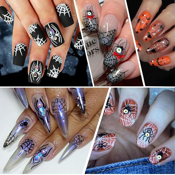 2 Sheets Halloween 5D Embossed Nail Stickers for Nail Art Red Black Spider Web Nail Decals Self-Adhesive Spider with Glitter Rhinestones Nail Design Decals Goth Halloween Nails Supply for Women DIY