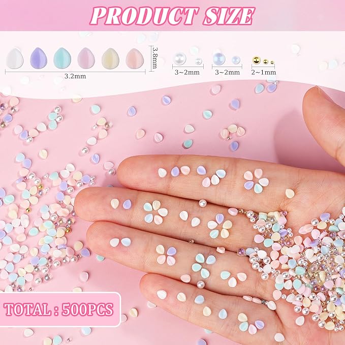 500Pcs Flower Nail Charms Kit, 400Pcs 3D Colorful Flowers Petals and 100Pcs Round Pearls with Nail Beads, Cherry Blossom Petal Tiny Gems Mixed Rhinestone for Nails DIY