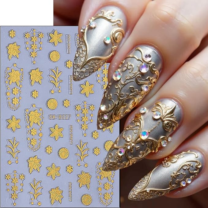 8 Sheets Gold Leaf Nail Stickers Autumn Leaves Nail Decals 3D Thanksgiving Design Fall Nail Art Stickers Gold Flower Vines Snowflake Nail Decoration Accessories for Women DIY Acrylic Nails Salon