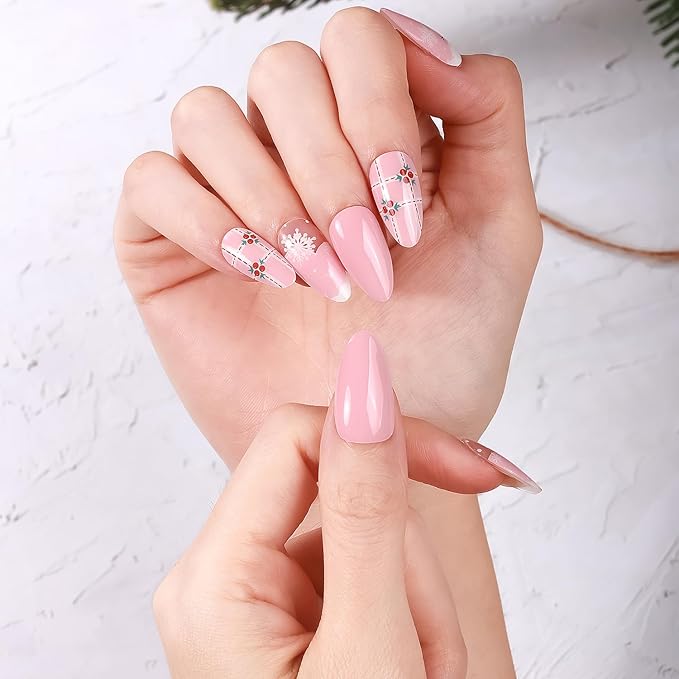 Christmas Semi Cured Gel Nail Strips, 16 Pcs Winter Xmas Gel Nail Stickers Snowman Snowflake Designs Pink Wraps for UV/Led Manicure Lamp Nails Art Decorations