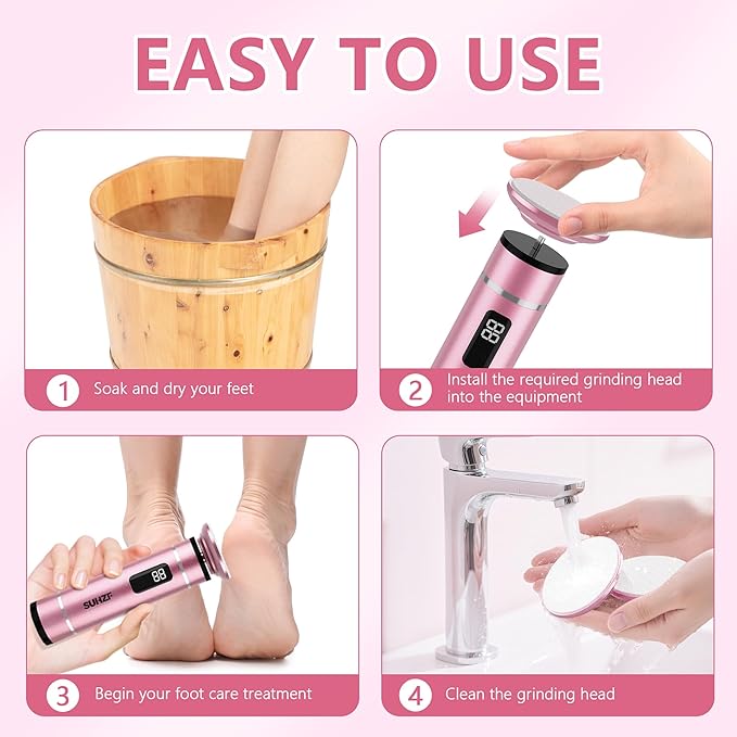 Electric-Foot-File-Callus-Remover Glass Grinding Head Electric Callus Remover for Feet Rechargeable Foot Grinder Dead Skin Pedicure Tools Adjustable Speed Foot Sander with Led Display (Pink)