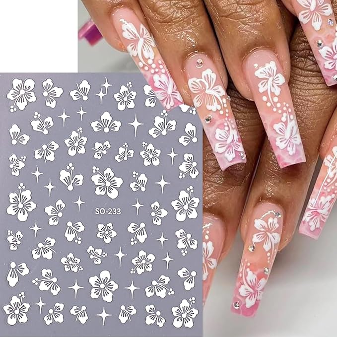 6Sheets Flower Nail Stickers for Nail Art, Hibiscus Flowers Nail Decals White Pink Gold Flower Star Pattern Flowers Nail Design 3D Self-Adhesive Hibiscus Nail Art Stickers Manicure Tips for Women