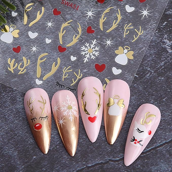 4 Sheets Christmas Nail Art Stickers White Elk Nail Decals with Xmas Snowflake Gold Silver Antlers Design 3D Self-Adhesive Nail Stickers Acrylic Nail Supplies for Women DIY Christmas Decorations