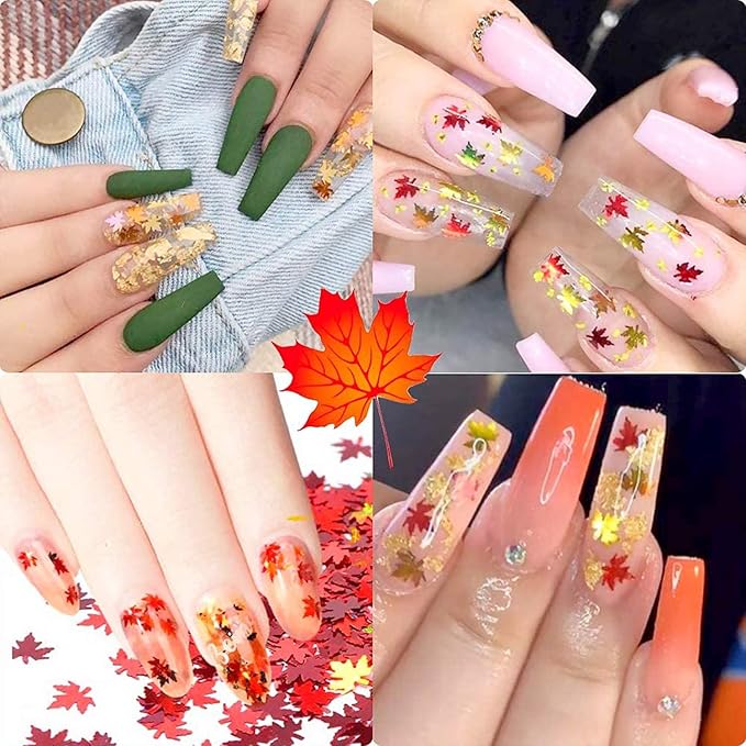 12 Colors Fall Nail Art Stickers Maple Leaf Nail Glitter Sequins 3D Nail Art Accessories Autumn Leaf Shape Flakes Holographic Gold Red Maple Leaves Paillettes Designs Acrylic Nails Supply Kit