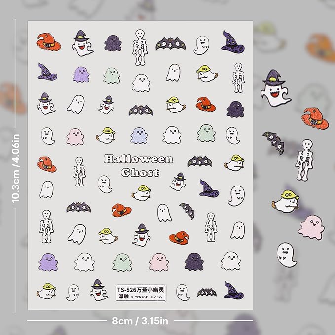 Halloween Nail Stickers for Nail Art - Cute Ghost Nail Art Sticker Halloween Bat Witch Hat 5D Embossed Nail Decals Self-Adhesive Nails Supply Manicure Stickers for Nails Decoration