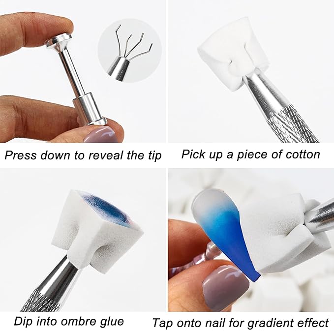 100PCS Nail Art Sponges with Pick Up Pen – Ombre Nail Sponge Tool for Gel Polish, Korean Nail Supplies for Ombre Nails, Aura Nail Tool, Mini Sponges for DIY Manicure Gradient Designs (White)