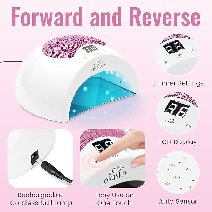 Rechargeable UV LED Nail Lamp with Diamond Design & Touch Control - 3 Timer Settings, Fast Curing for All Gel Polishes, Portable UV Nail Dryer for Professional Salon & Home (Pink)