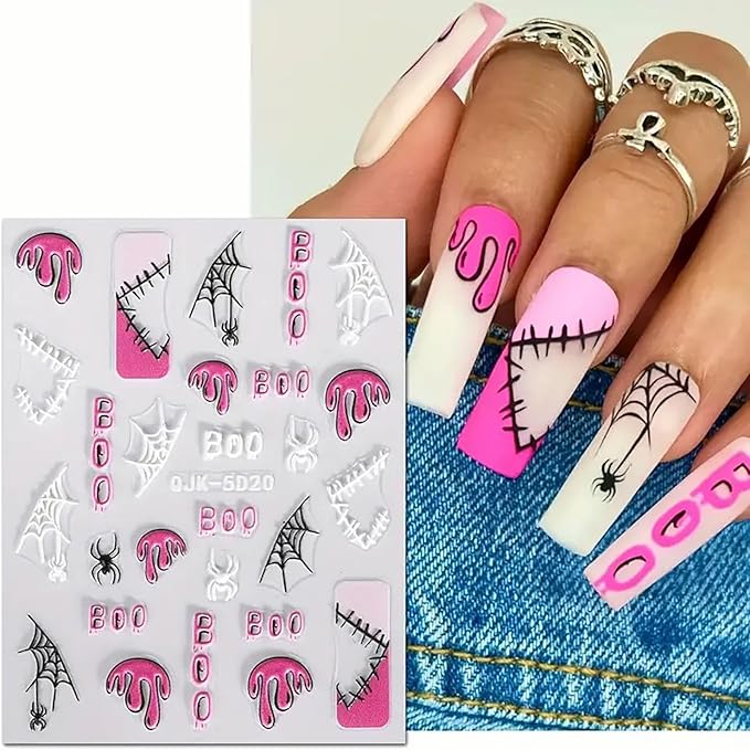 6 Sheets Halloween Nail Art Stickers Decals Pink Skull Spider Web Sugar Skull Nail Decoration 3D Self-Adhesive Nightmare Christmas Stickers for Women Girls