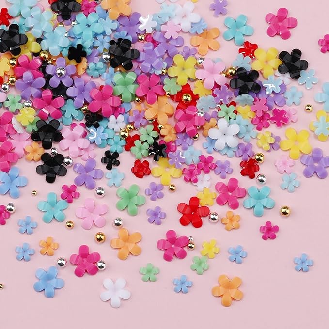 3D Colorful Flower Nail Charms with Gold Silver Metal Caviar Beads Cherry Blossom Petal Spring Nail Art Charms Acrylic Floral Studs for Women DIY Manicure Crafts (1-S1-Solid)