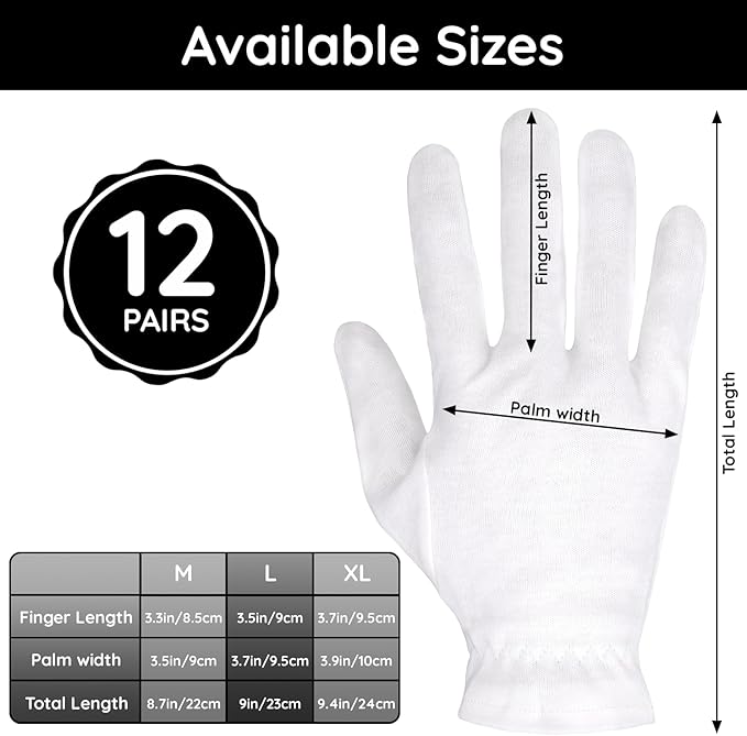 Segbeauty 24 Counts Moisturizing Gloves Overnight with Elastic Band, White Cotton Gloves for Dry Hand, 12 Pairs Thick Sleeping Gloves for Cracked Hands, Cotton Work Gloves for Men and Women Large