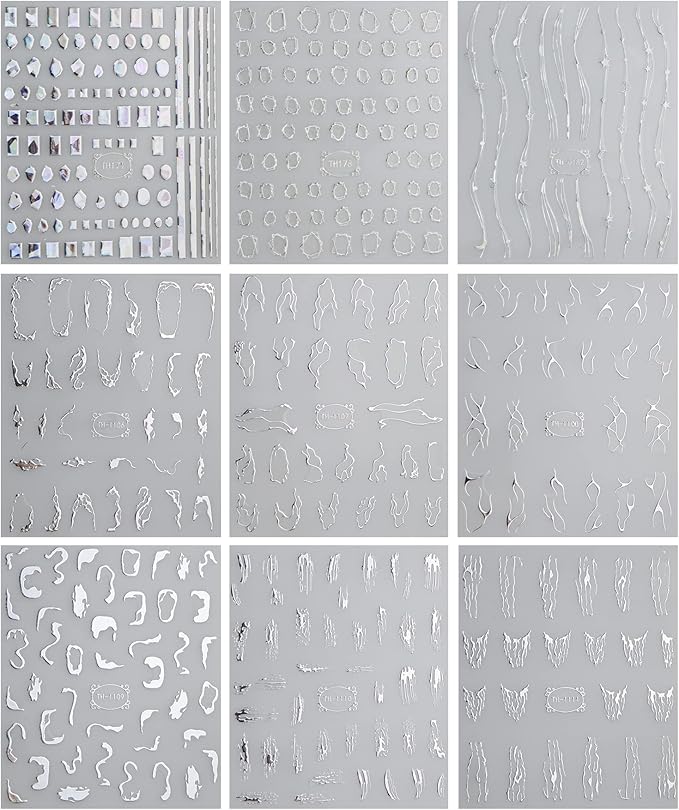 JMEOWIO 9 Sheets Marble Line Nail Art Stickers Decals Self-Adhesive Pegatinas Uñas Silver Nail Supplies Nail Art Design Decoration Accessories