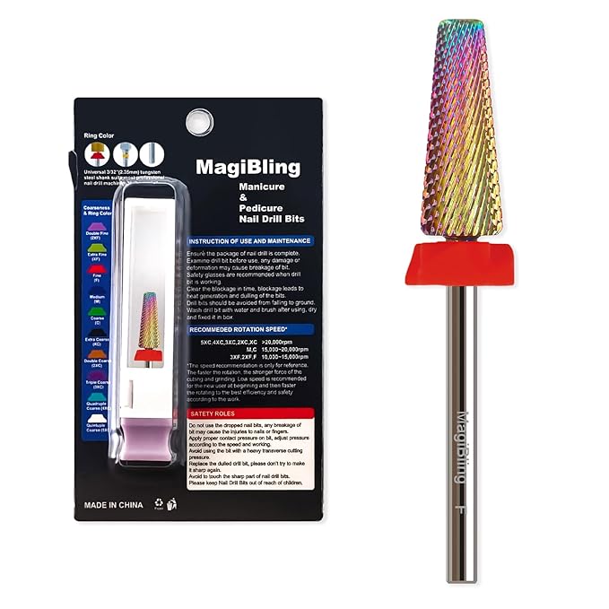 F 5 in 1 Nail Drill Bits, 16mm Tapered 3/32'' Professional Tungsten Carbide Bit for Efile, 2 Rotation for Electric Drill, Remove Thick Thin Gel, Manicure Cuticle Gel Polishing, Technicians Bits, Fine.