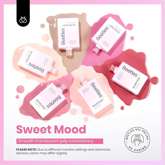 Beetles Nude Pink Gel Nail Polish Set, 6 Colors 15ML Light Pink Jelly Gel Nail Polish Kit Neutral Sheer Full Size Translucent Nail Concealer Soak Off UV Manicure Salon Colorful Bottle Gift for Women