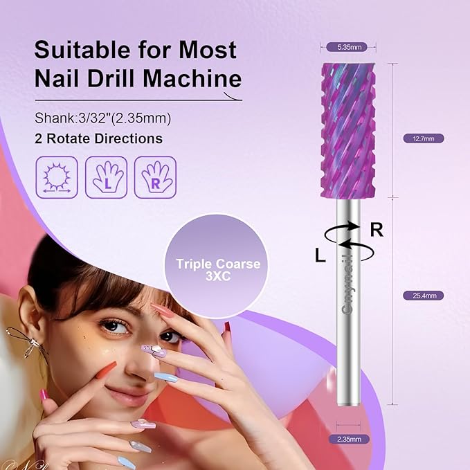 3/32" Small 5.35MM Barrel Bit Tungsten Carbide Nail Drill Bit Safety Bit for Gel & Acrylic Removal, 2- Way Rotating Efile Tip, Salon Electric File Accessory (3XC Girt, Purple)