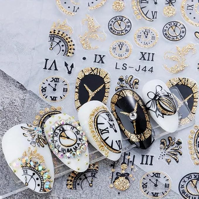 Christmas Nail Art Stickers Gold Glitter Clock Butterfly Xmas Nail Decals 6PCS Shiny Clock Crystal Ball Deer Penguins Design Self-Adhesive Christmas Nail Stickers for Women Holiday Nail Art Decoration