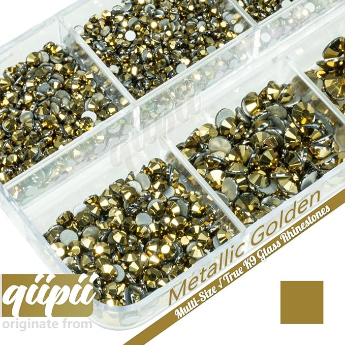 2550pcs Golden Nail Art Flatback Rhinestones for Face Makeup Metallic Golden Nail Gems Gemstones K9 Glass SS4~SS20 6 Sizes Mine Gold Diamonds Stones Crystals w Picking Pen for Nails DIY Crafts