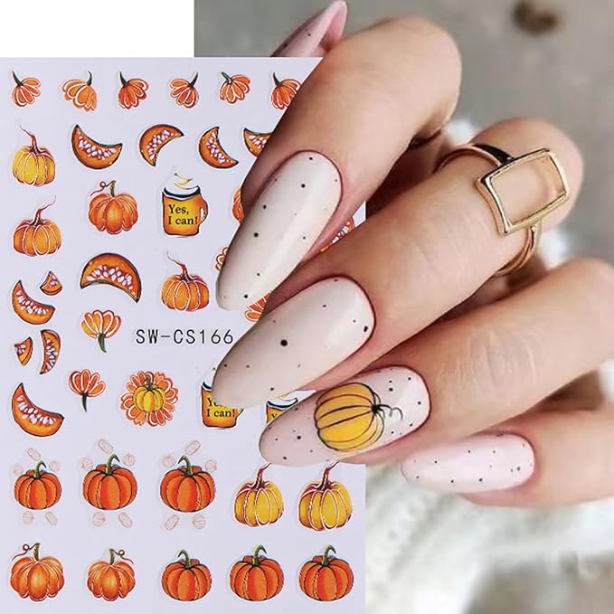 6 Sheets Cute Pumpkin 3D Self-Adhesive Nail Art Stickers with Pumpkin Seeds Designs, Flower Star Letter Nail Decals for Women Salon
