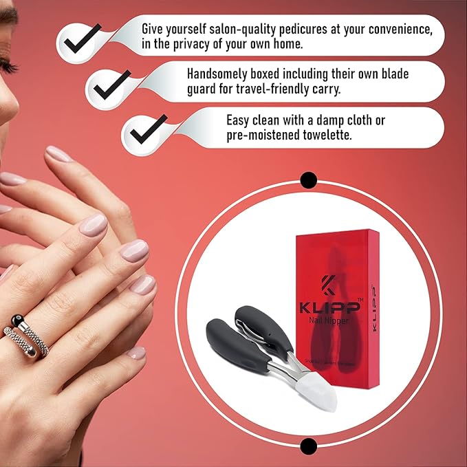 Toe Nail Clippers for Thick Nails – KLIPP Toenail Clippers Ingrown and Cuticle Nipper Trimmer Made of Rustproof Stainless Steel with Short Curved Blades, Ergonomic TPU Grips and Dual Spring Mechanism