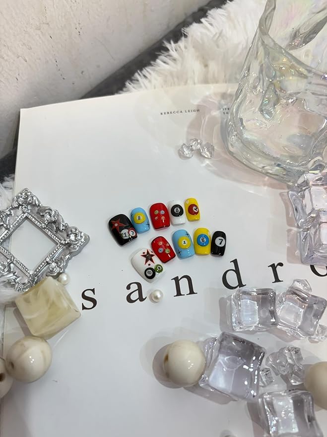 3D Nail Stickers for Pool & Dice Design - Cartoon Style Press-on Nail Art Decals (2 Sheets) - Cute Textured Manicure DIY Accessories