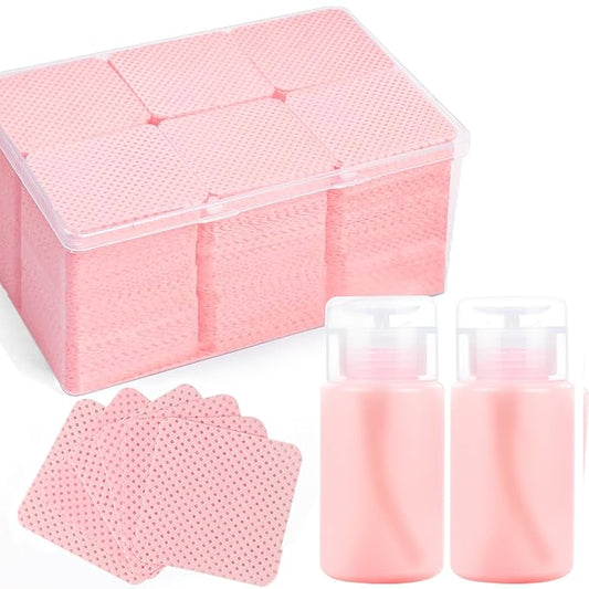1080PCS Lint Free Nail Wipes with 2 Acetone Dispensers, Nail Polish Remover Wipes with Pump Dispenser,Lash Extensions Glue Cleaning Wipe Empty Pump Bottle Pump Wipes Nail Kit