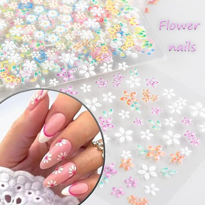 30 Sheets Flower Nail Art Stickers Decals Colorful Flower Nail Stickers 3D Self Adhesive Cute Daisy Floral Nail Decals Heart Nail Supplies Nail Art Design Decoration Accessories for Women DIY Manicure