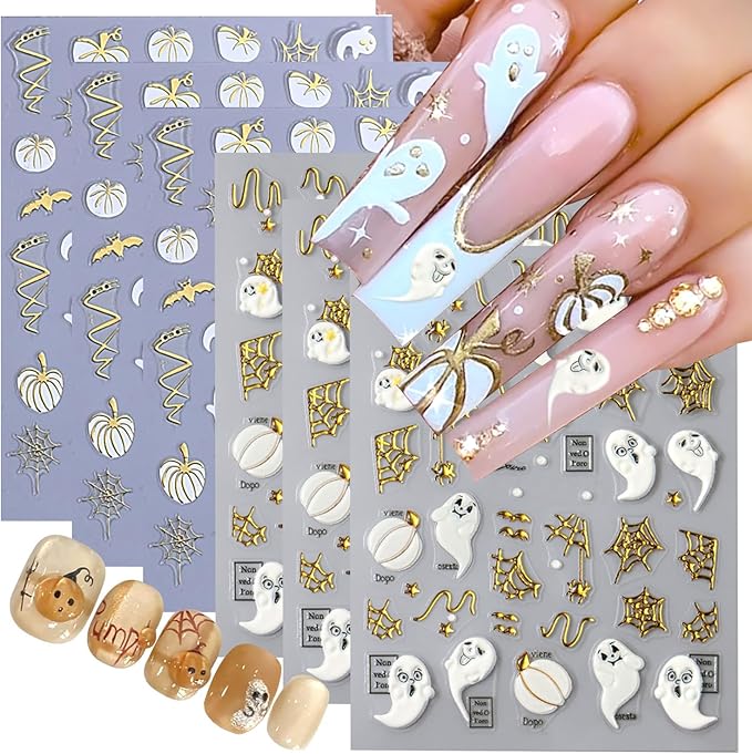 Halloween 5D Embossed Gold Spider Web Nail Art Stickers Cute Ghost Nail Art Decals Self-Adhesive Pumpkin Nail Decals Star Bat Nail Stickers Holiday Nail Supplies for Women Acrylic Nails 6 Sheets