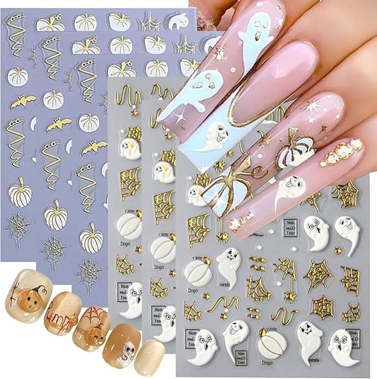 Halloween 5D Embossed Gold Spider Web Nail Art Stickers Cute Ghost Nail Art Decals Self-Adhesive Pumpkin Nail Decals Star Bat Nail Stickers Holiday Nail Supplies for Women Acrylic Nails 6 Sheets