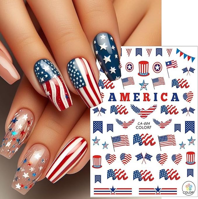6Pcs Independence Day Nail Stickers for Nail Art - Celebrate 4th of July Nail Decals 3D Self-Adhesive USA Flags Heart Star Bow Eagle Design Firework Sticker for Memorial Day DIY Patriotic Nail Decor