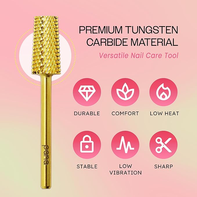 PANA Tapered Barrel Carbide 3/32" Shank Size - (Gold, Medium Grit) - Fast remove Acrylic or Hard Gel Nail Drill Bit for Manicure Pedicure Salon Professional or Beginner