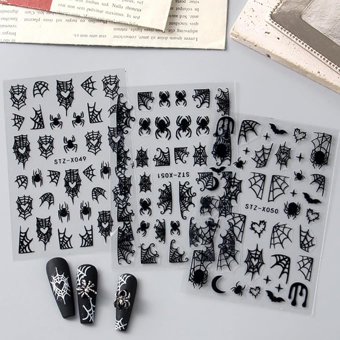 Halloween Spider Nail Stickers - 3D Black Spider Web Designs, Self-Adhesive Star & Bat Decals for Women's DIY Acrylic Nail Art, 6 Sheets
