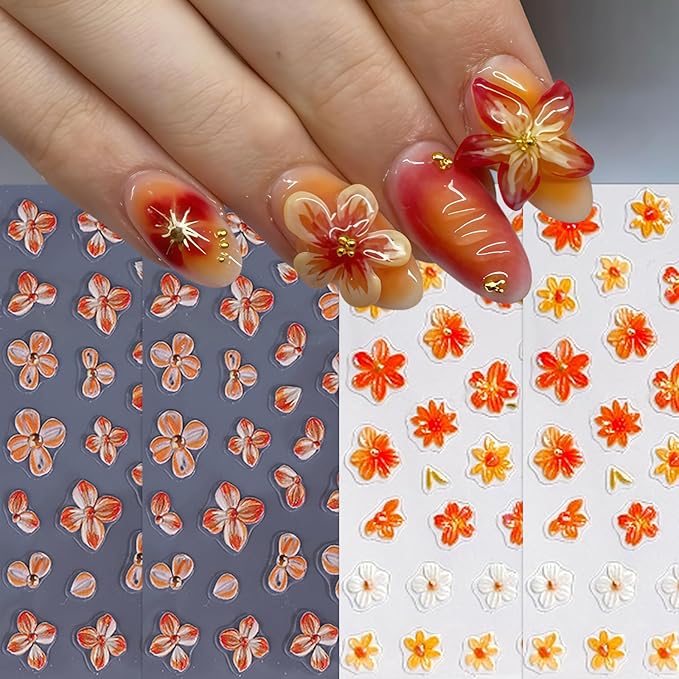 4sheets 5D Embossed Flower Nail Art Stickers Self Adhesive Fall Yellow Flowers Nail Stickers Autumn Orange White Daisy Nail Decals Orange Petal Daisies Nails Supplies for Women Manicure Accessories