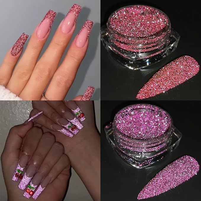 Reflective Glitter Powder Set, 8 Colors Sparkle Diamond Nail Glitter Dust, Silver Pink Purple Green Loose Glitter for Nails, Shiny Sugar Nail Powder Dipping Pigment, Nail Supplies