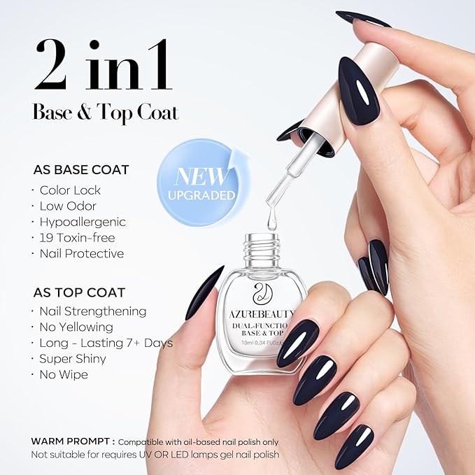 AZUREBEAUTY 2-in-One Clear Base & Top Coat Nail Polish Strengthener Set – Quick Dry, High Shine, Long Lasting, Air Dry, 2 Bottles 10ml, Gentle Formula, Natural Ingredients, Salon Quality