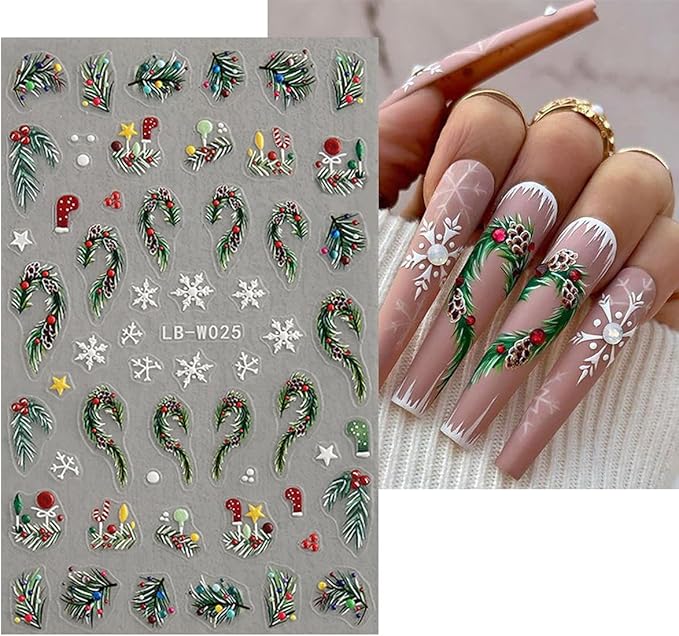 4Pcs Christmas Nail Art Stickers 5D Embossed Nail Decals Winter Christmas Tree Elk Snowflake Nail Art Design Self Adhesive Nail Supplies for Women DIY New Year Xmas Holiday Nail Decoration Accessories