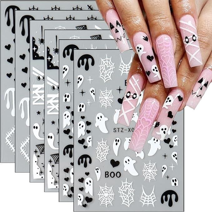 6 Sheets Halloween Nail Stickers Cute Ghost Nail Decals 3D Spider Web Goth Nail Design Sticker Scary Bloody Spider Nail Art Stickers French Manicure Decals Decoration for Women Holiday Salon Supplies