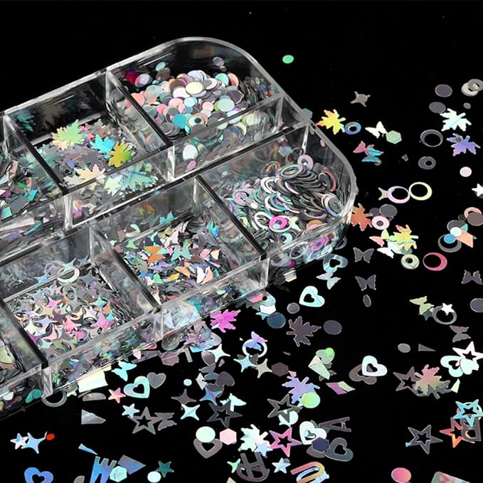 Vezocim Silver Glitter Nail Flakes Holographic 3D Glitters Sequins Decorations, Heart Circle Letters Butterfly Design Supplies DIY Sparkly Resin Nail Art Tips
