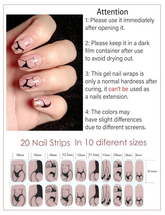 Semi Cured Gel Nail Strips, Bikini 20pcs Semi Cured Gel Nails Sticker, Gel Nail Wraps UV for Home Nails DIY