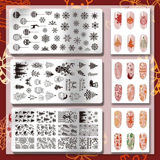 PH PandaHall Christmas Nail Art Plates 3pcs Nail Stamping Plate Winter Snowflake Santa Tree Bell Snowman Image Plate Nails Art Design Stamp Kit for DIY Nails Art Templates Reusable Template Design