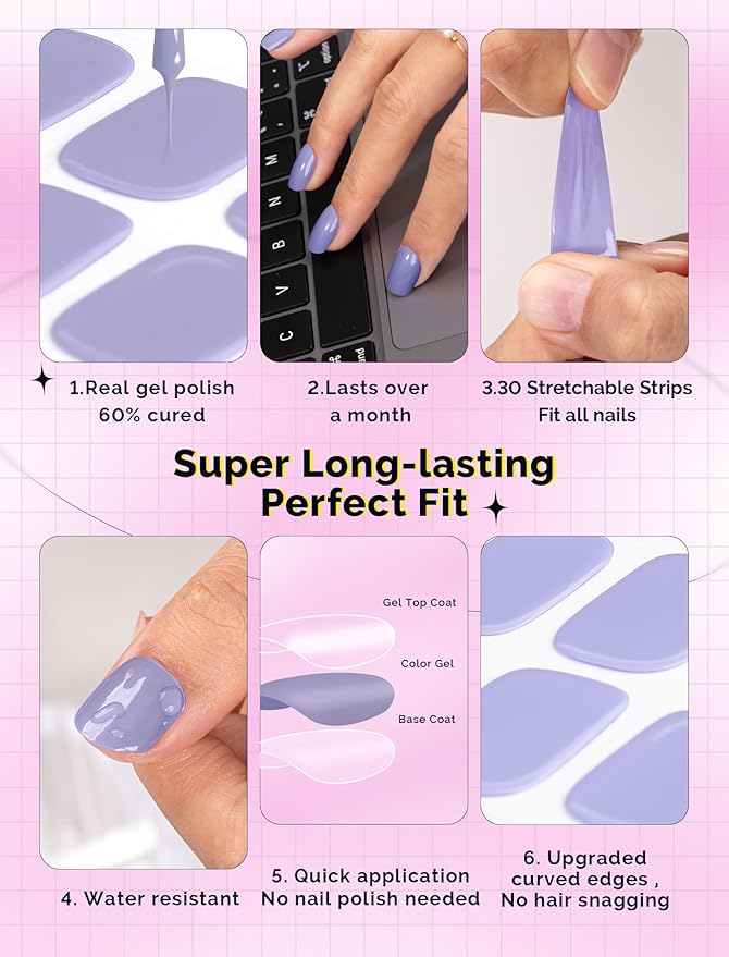 MelodySusie 30PCS Semi Cured Gel Nail Strips, Purple, Salon Quality, Long Lasting, Easy to Apply and Remove, Includes 2 Prep Pads, Nail File and Wooden Stick