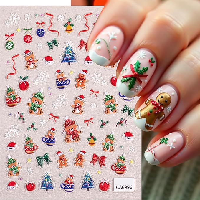 4 Sheets Christmas Nail Stickers for Nail Art, Cute Santa Claus Xmas Tree Christmas Nail Art Stickers 5D Embossed Snowmen Snowflake Design Winter Nail Decals for Women Holiday Manicure Decoration