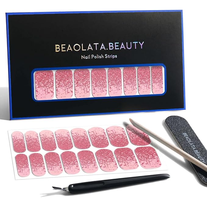 Nail Polish Strips, 32PCS Salon Quality Wraps, Long Lasting Gel Nail Stickers for Women Easy Apply& Remove (Rosy Sparkle Pink)